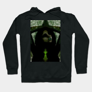 Portrait, digital collage, special processing. Beautiful but dark, like witch, woman. Tale. Green. Hoodie